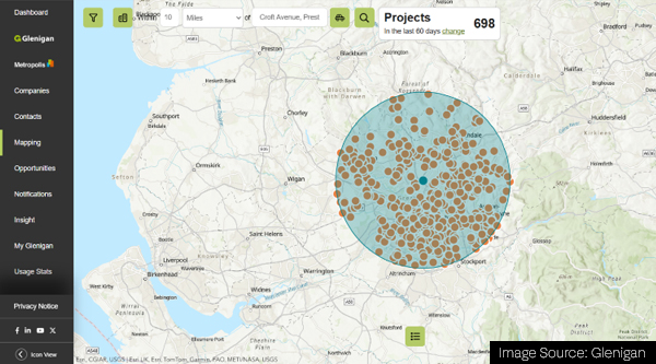 Map showing 698 projects around the Simister Island – M60/M62/M66 Junction Nationally Significant Infrastructure Project