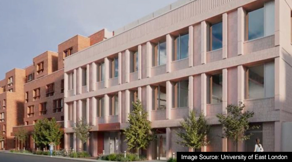 A rendering of the new academic building for the University of East London (UEL) Stratford Health Campus. 